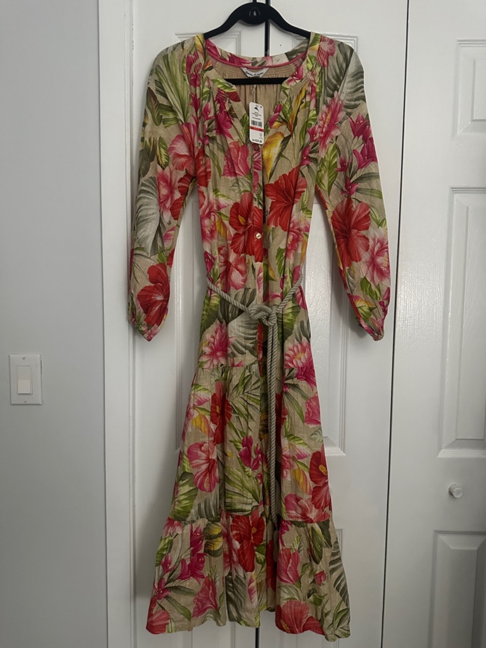 Tommy Bahama Tropical Floral Tie-Waist Long Sleeve Maxi Dress - Red, Pink, Green